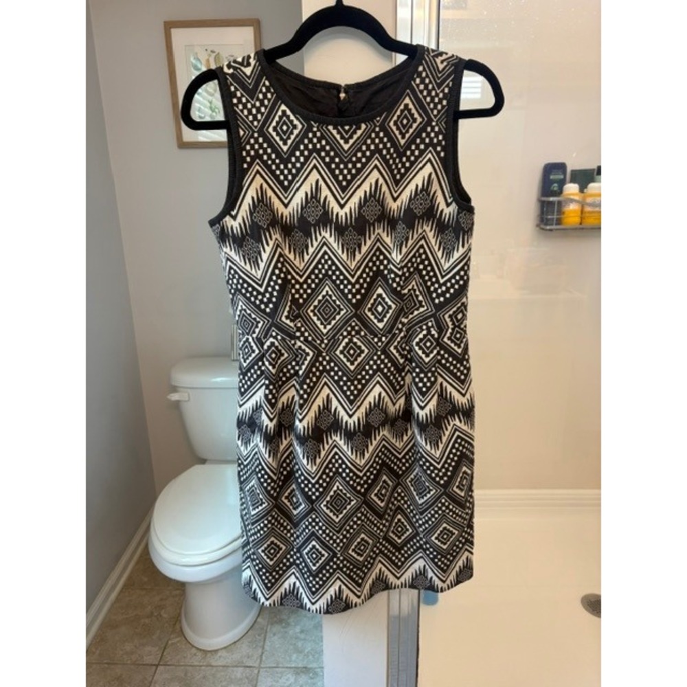 J.CrewWomens Size 2 Black Ivory Geometric Ikat Fit Flare Dress Sleeveless Cotton